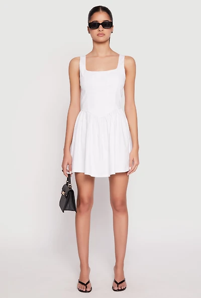 Womens Corset Ruched Mini Skater Dress, White, Size M
