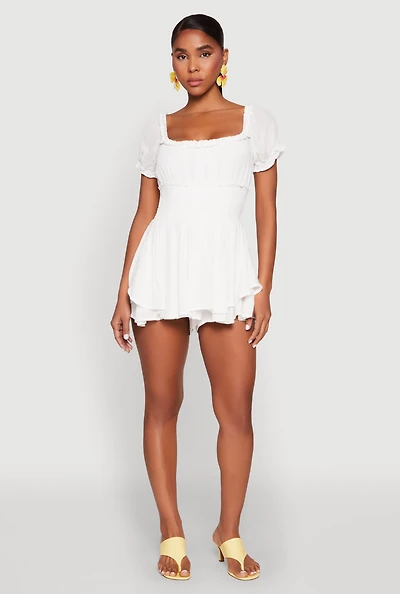 Womens Smocked Waist Ruffle Trim Romper, White,