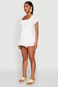 Womens Smocked Waist Ruffle Trim Romper, White,