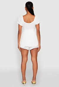 Womens Smocked Waist Ruffle Trim Romper, White,