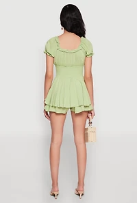 Womens Smocked Waist Ruffle Trim Romper, L