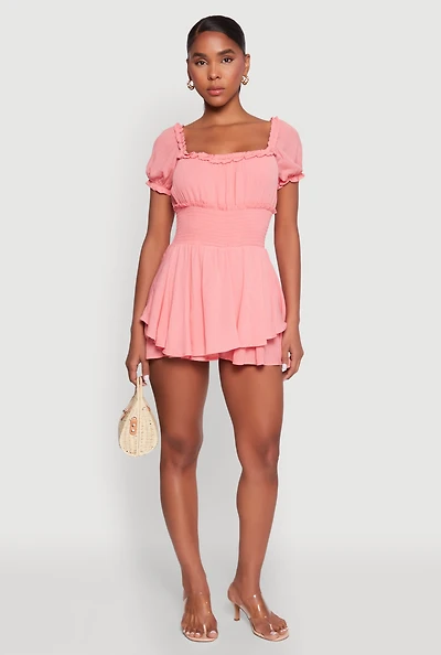 Womens Smocked Waist Ruffle Trim Romper, Pink, Size L