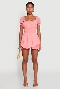 Womens Smocked Waist Ruffle Trim Romper, Pink, Size L