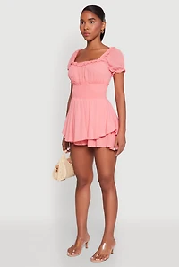 Womens Smocked Waist Ruffle Trim Romper, Pink, Size L