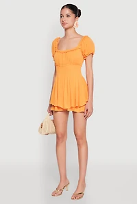 Womens Smocked Waist Ruffle Trim Romper, Orange, Size M