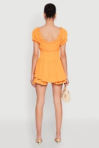 Womens Smocked Waist Ruffle Trim Romper, Orange, Size M