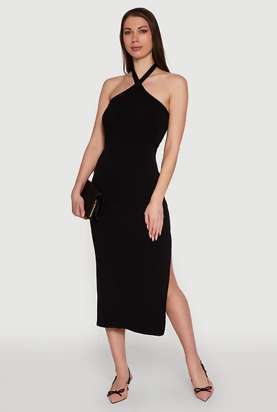 Womens Ribbed Knit Bodycon Halter Dress with Side Slit, Black,