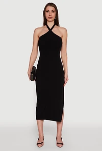 Womens Ribbed Knit Bodycon Halter Dress with Side Slit, Black,