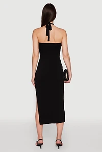 Womens Ribbed Knit Bodycon Halter Dress with Side Slit, Black,