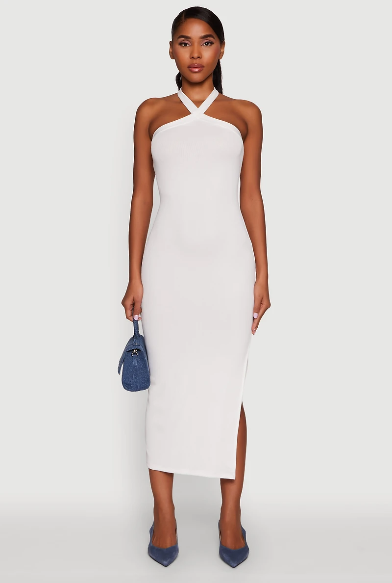 Womens Ribbed Knit Bodycon Halter Dress with Side Slit, White, Size L