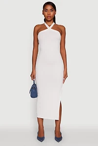 Ribbed Knit Bodycon Halter Dress with Side Slit
