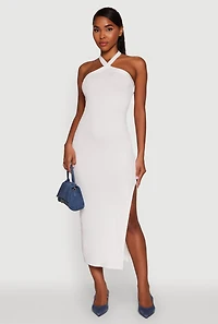 Ribbed Knit Bodycon Halter Dress with Side Slit