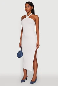 Womens Ribbed Knit Bodycon Halter Dress with Side Slit, White, Size L