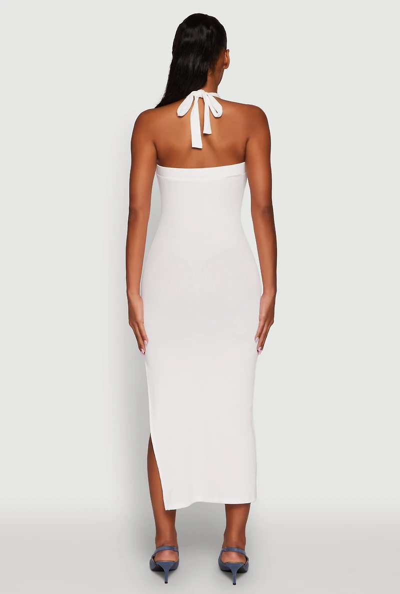 Ribbed Knit Bodycon Halter Dress with Side Slit