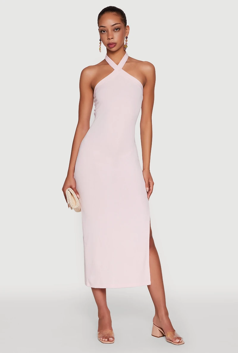 Womens Ribbed Knit Bodycon Halter Dress with Side Slit, Pink, Size M