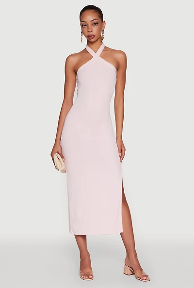 Womens Ribbed Knit Bodycon Halter Dress with Side Slit, Pink, Size S