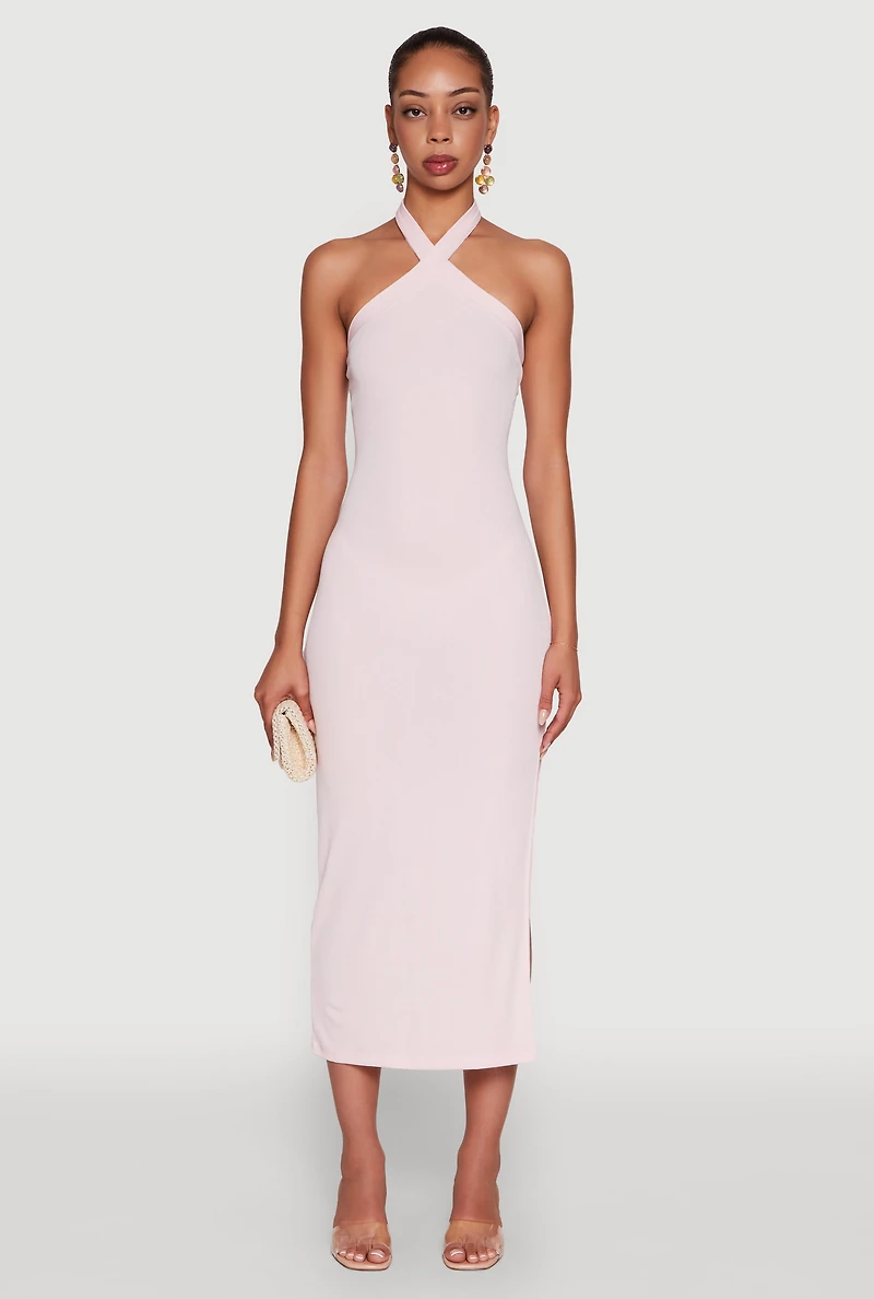 Womens Ribbed Knit Bodycon Halter Dress with Side Slit, Pink, Size M