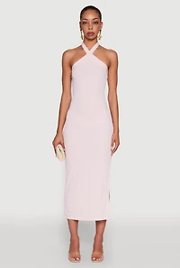Womens Ribbed Knit Bodycon Halter Dress with Side Slit, Pink, Size M