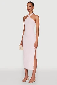 Womens Ribbed Knit Bodycon Halter Dress with Side Slit, Pink, Size M