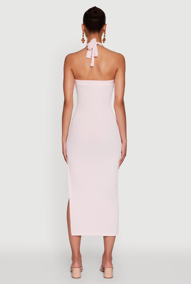 Womens Ribbed Knit Bodycon Halter Dress with Side Slit, Pink, Size M