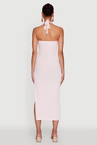 Womens Ribbed Knit Bodycon Halter Dress with Side Slit, Pink, Size M