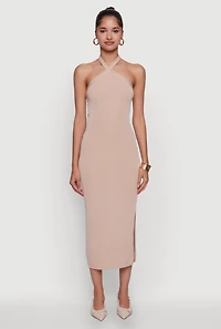 Womens Ribbed Knit Bodycon Halter Dress with Side Slit,