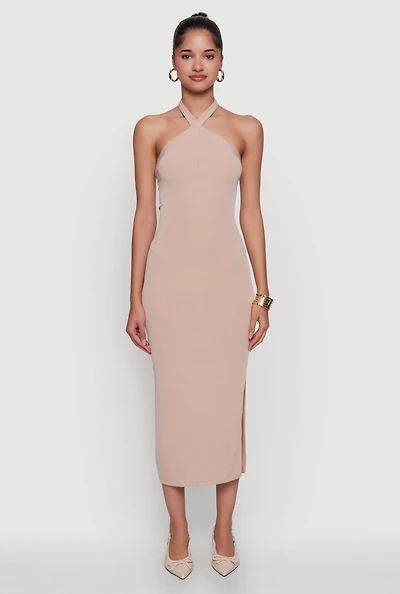 Womens Ribbed Knit Bodycon Halter Dress with Side Slit,