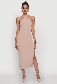 Womens Ribbed Knit Bodycon Halter Dress with Side Slit,