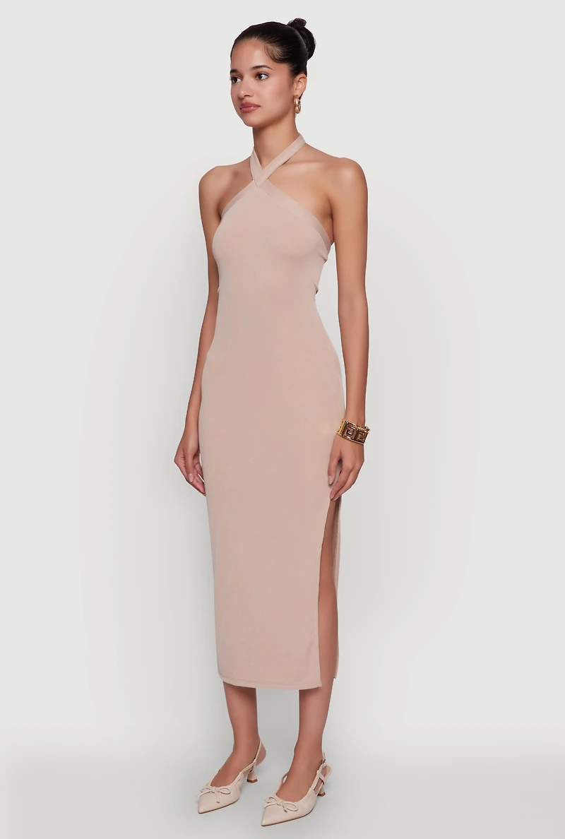 Ribbed Knit Bodycon Halter Dress with Side Slit