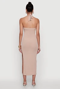 Womens Ribbed Knit Bodycon Halter Dress with Side Slit,
