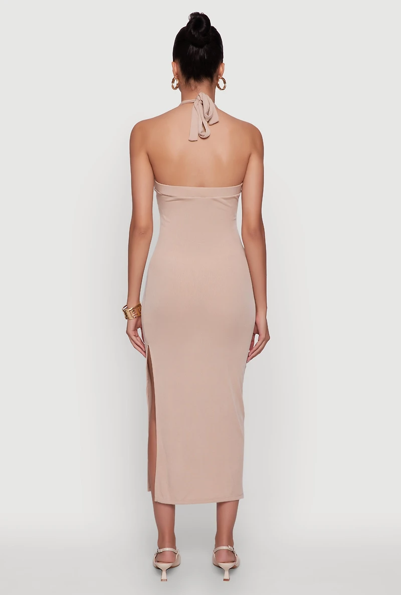Womens Ribbed Knit Bodycon Halter Dress with Side Slit, L