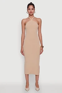 Womens Ribbed Knit Bodycon Halter Dress with Side Slit,