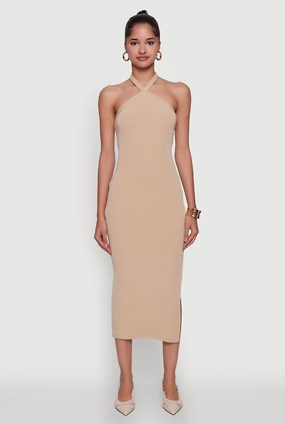 Womens Ribbed Knit Bodycon Halter Dress with Side Slit, Beige,