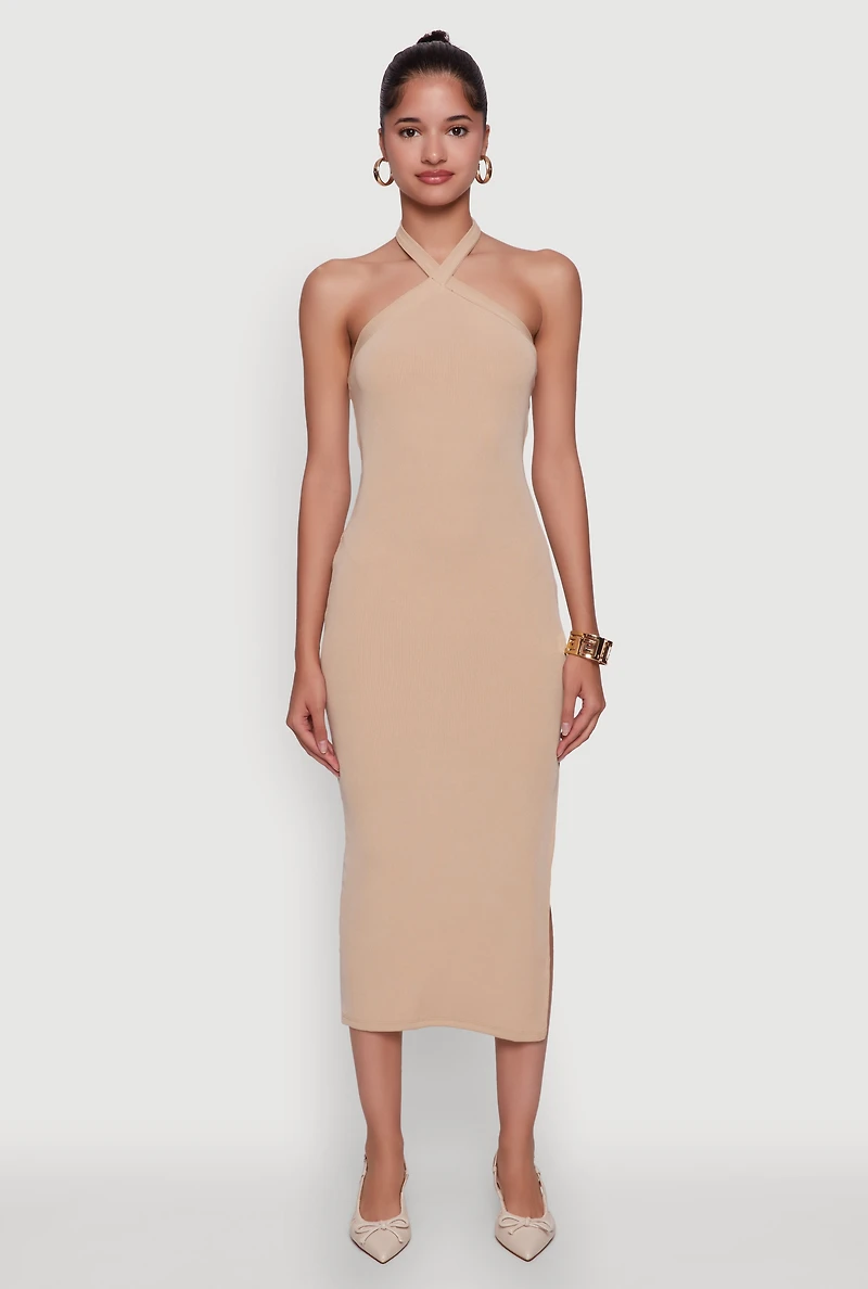 Ribbed Knit Bodycon Halter Dress with Side Slit