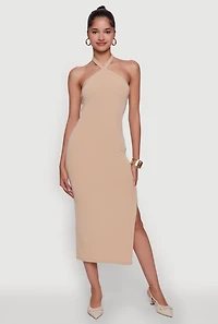Womens Ribbed Knit Bodycon Halter Dress with Side Slit,