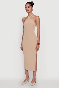 Womens Ribbed Knit Bodycon Halter Dress with Side Slit,