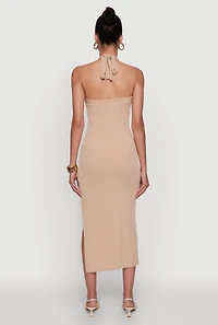 Womens Ribbed Knit Bodycon Halter Dress with Side Slit,
