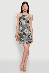 Womens Asymmetrical Ruffle Floral Halter Mini Dress, Multi, Size M