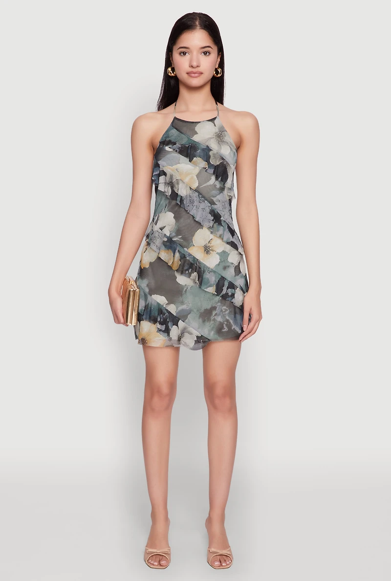 Womens Asymmetrical Ruffle Floral Halter Mini Dress, Multi, Size M