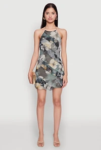 Asymmetrical Ruffle Floral Halter Mini Dress