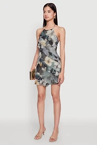 Womens Asymmetrical Ruffle Floral Halter Mini Dress, Multi, Size L