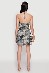 Womens Asymmetrical Ruffle Floral Halter Mini Dress, Multi, Size L