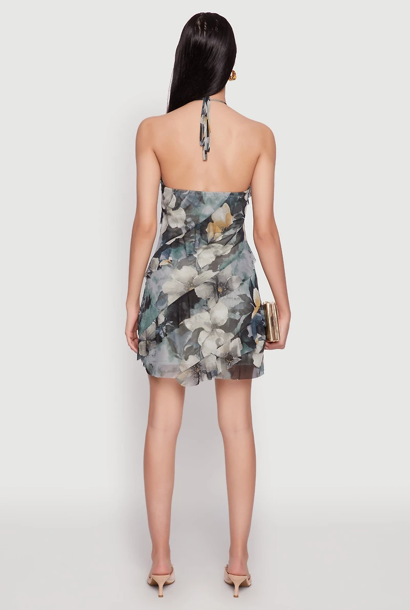Womens Asymmetrical Ruffle Floral Halter Mini Dress, Multi, Size M