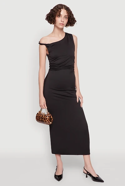Womens Asymmetrical Neckline Ruched Bodycon Dress with Side Slit, S
