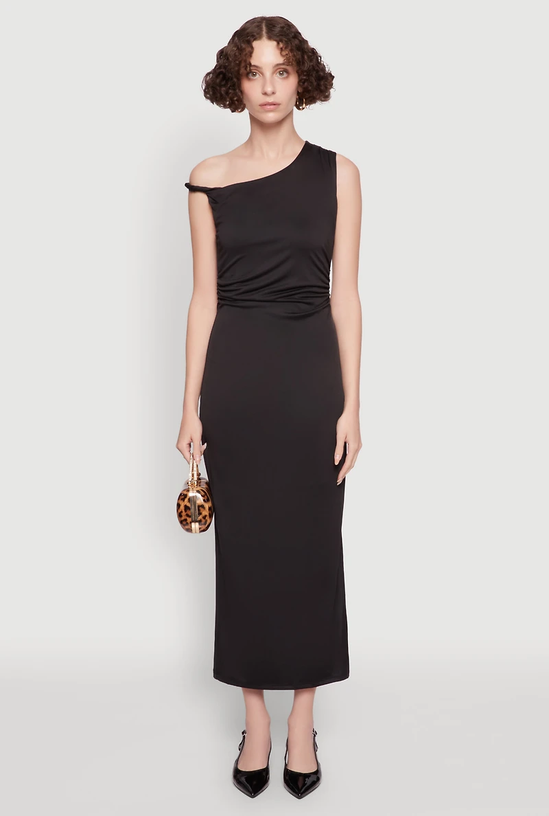 Womens Asymmetrical Neckline Ruched Bodycon Dress with Side Slit, S