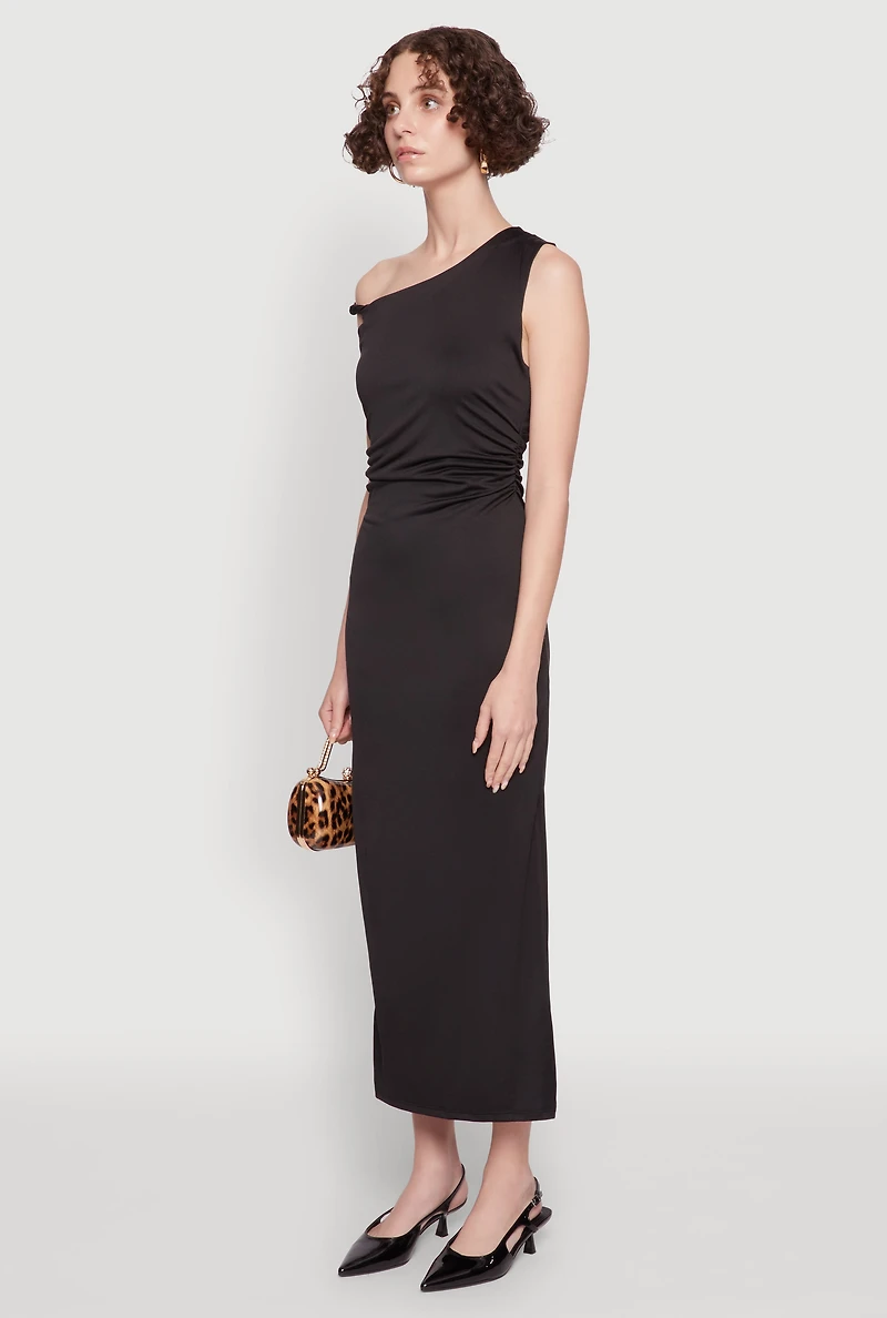 Womens Asymmetrical Neckline Ruched Bodycon Dress with Side Slit, S