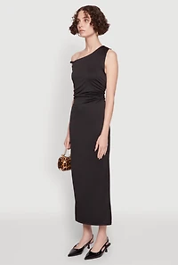 Womens Asymmetrical Neckline Ruched Bodycon Dress with Side Slit, S