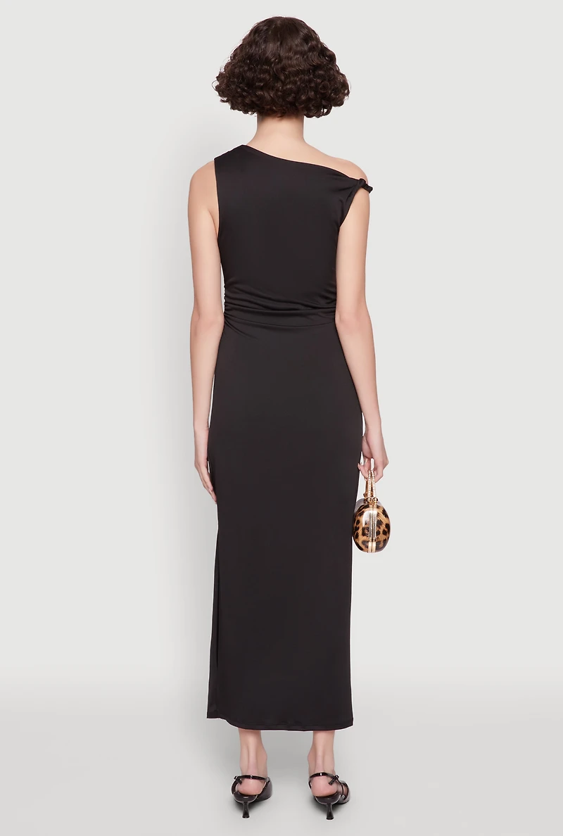 Womens Asymmetrical Neckline Ruched Bodycon Dress with Side Slit, S