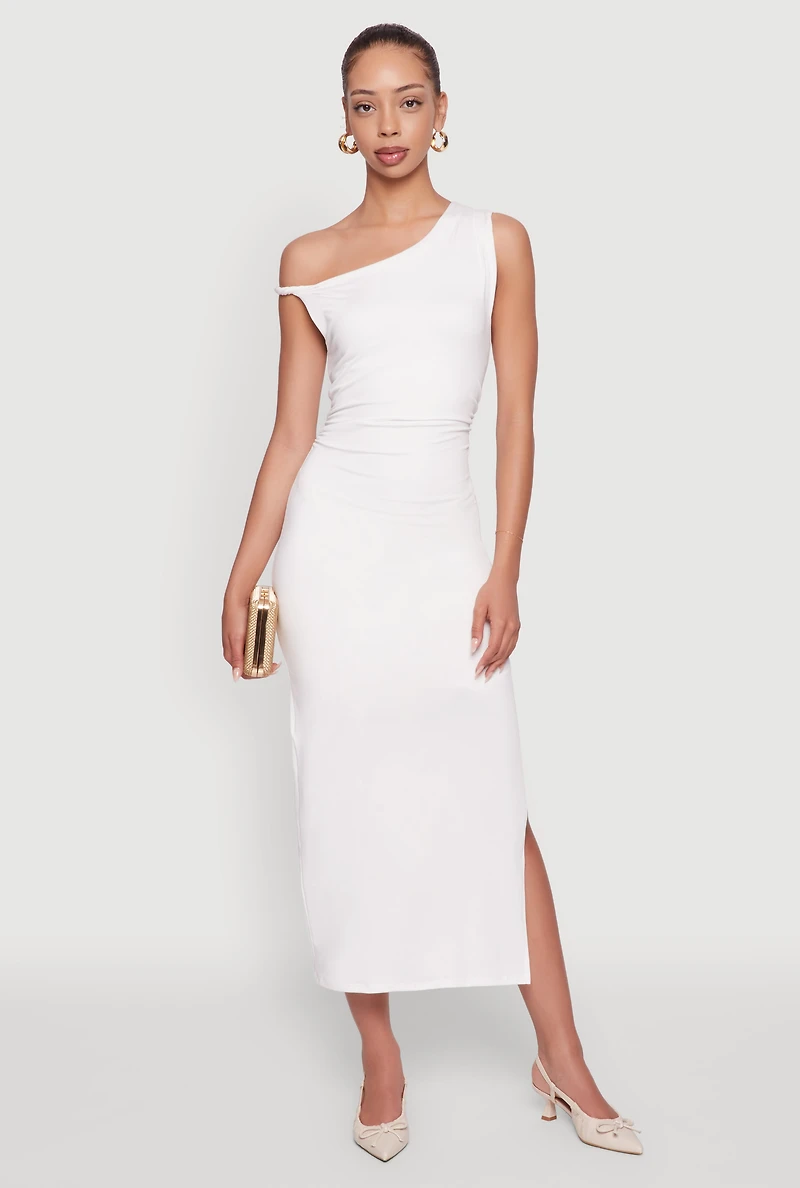 Womens Asymmetrical Neckline Ruched Bodycon Dress with Side Slit, White, Size S