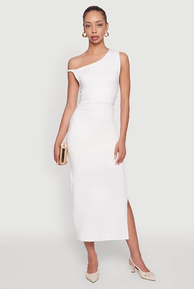 Womens Asymmetrical Neckline Ruched Bodycon Dress with Side Slit, White, Size S